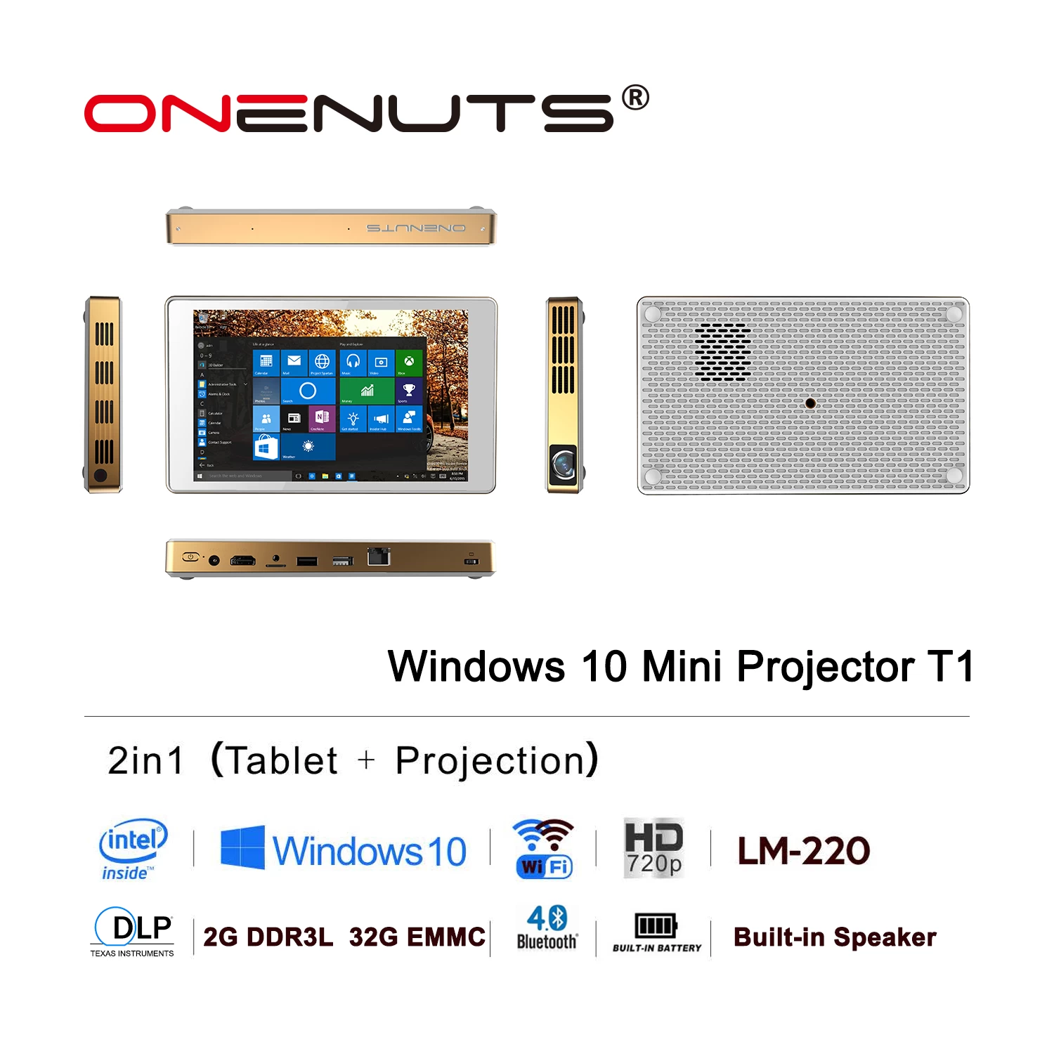 Onenuts英特尔四核Z8300二合一全高清DLP Windows迷你平板电脑投影机家庭影院视频LED便携式投影仪T1