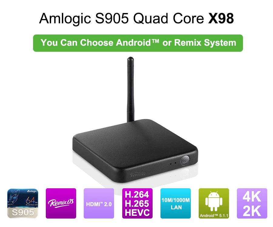 S905 电视盒支持混音和 Android 5.1.1 2 G DDR3 与 32 G 闪光