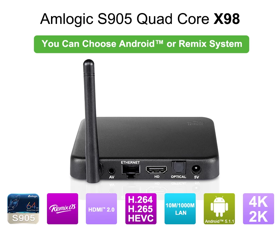 S905 TV 상자 지원 리믹스 및 2 G d d r 3와 32 G 플래시 안 드 로이드 5.1.1