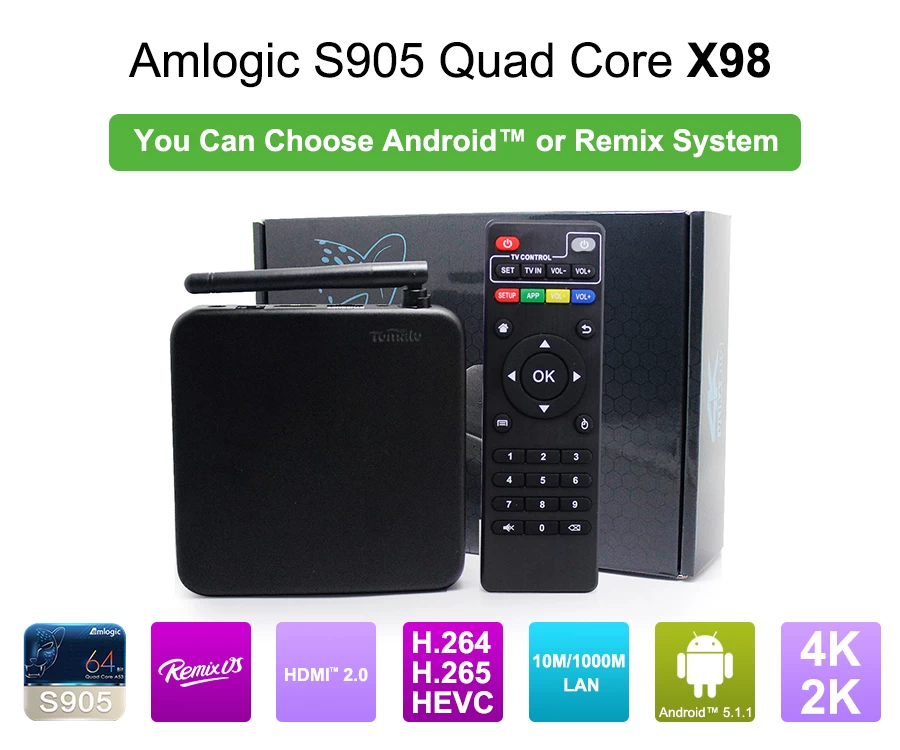 S905 TV BOX appuyer Remix et 5.1.1 Android avec 2 DDR3 G et 32 G Flash
