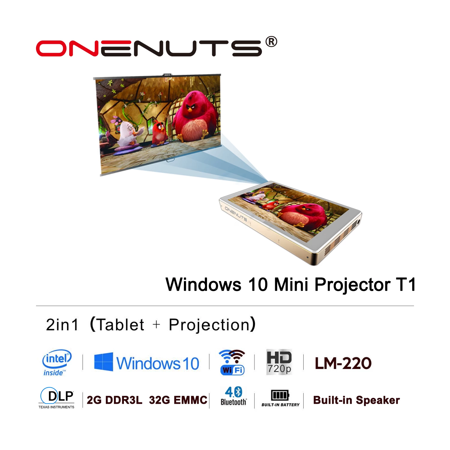 Windows 10 Projector,World First Mini PC 2 in 1, Mini PC Protable Tablet Projector Onenuts T1