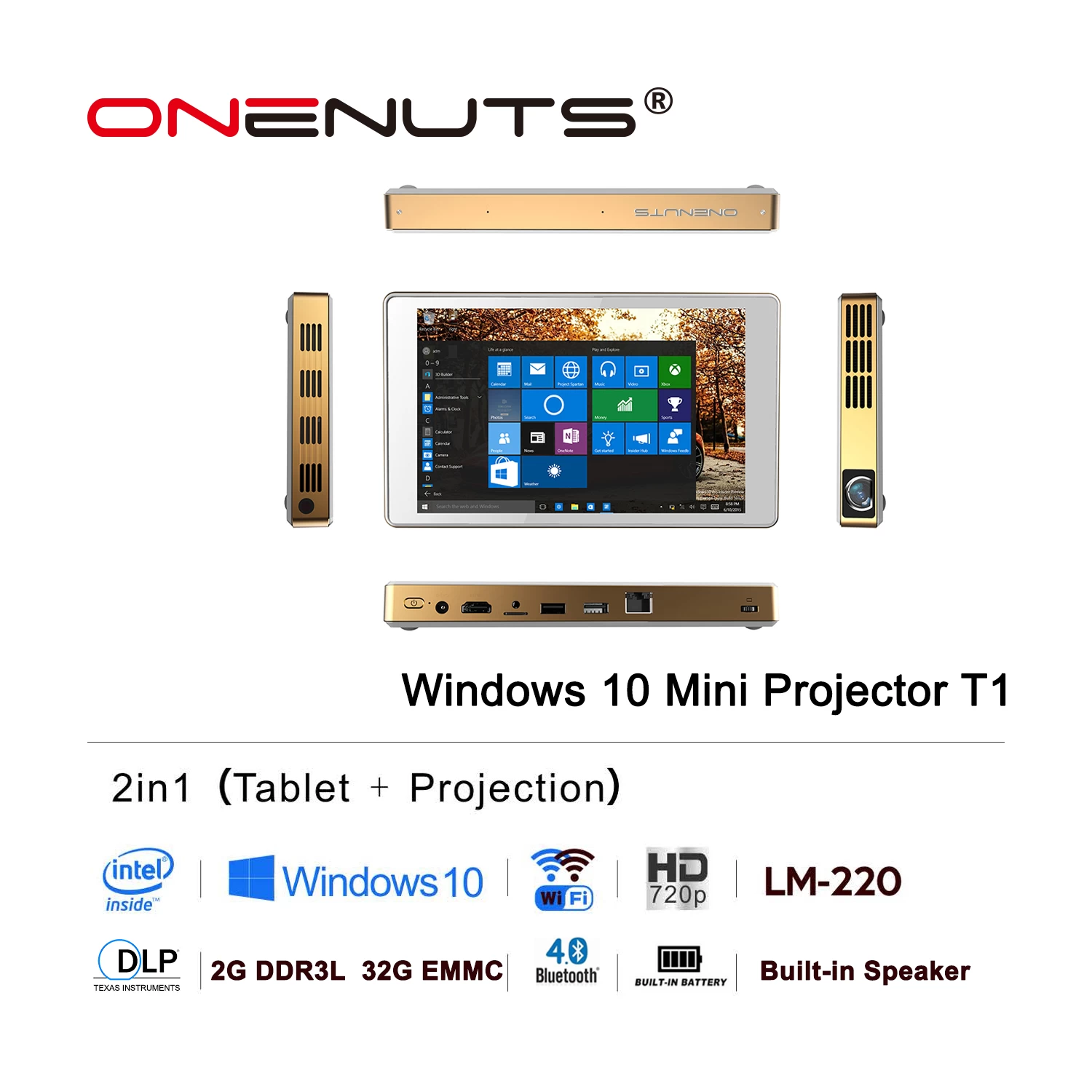 Windows 10 projecteur, le monde premier Mini PC 2 dans 1, Mini PC Protable Tablet projecteur Onenuts T1