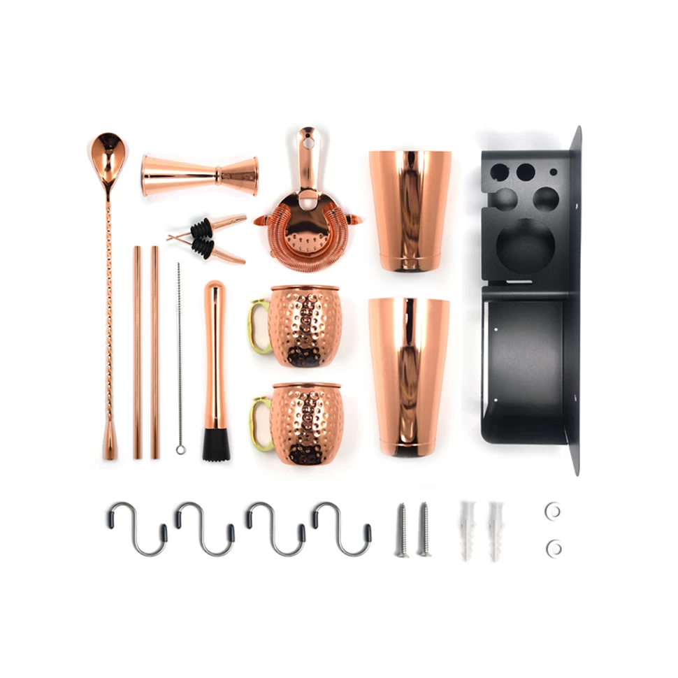 Cocktail Shaker Set Kit Barista 14 pieces including stainless steel support and 2 copper mulattext copper of Moscow