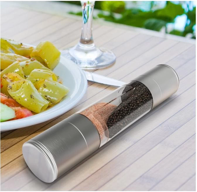 Deluxe Stainless Steel Salt and Pepper Grinder Set Round Body Brushed Stainless Steel Pepper Mill and Salt Mill Glass