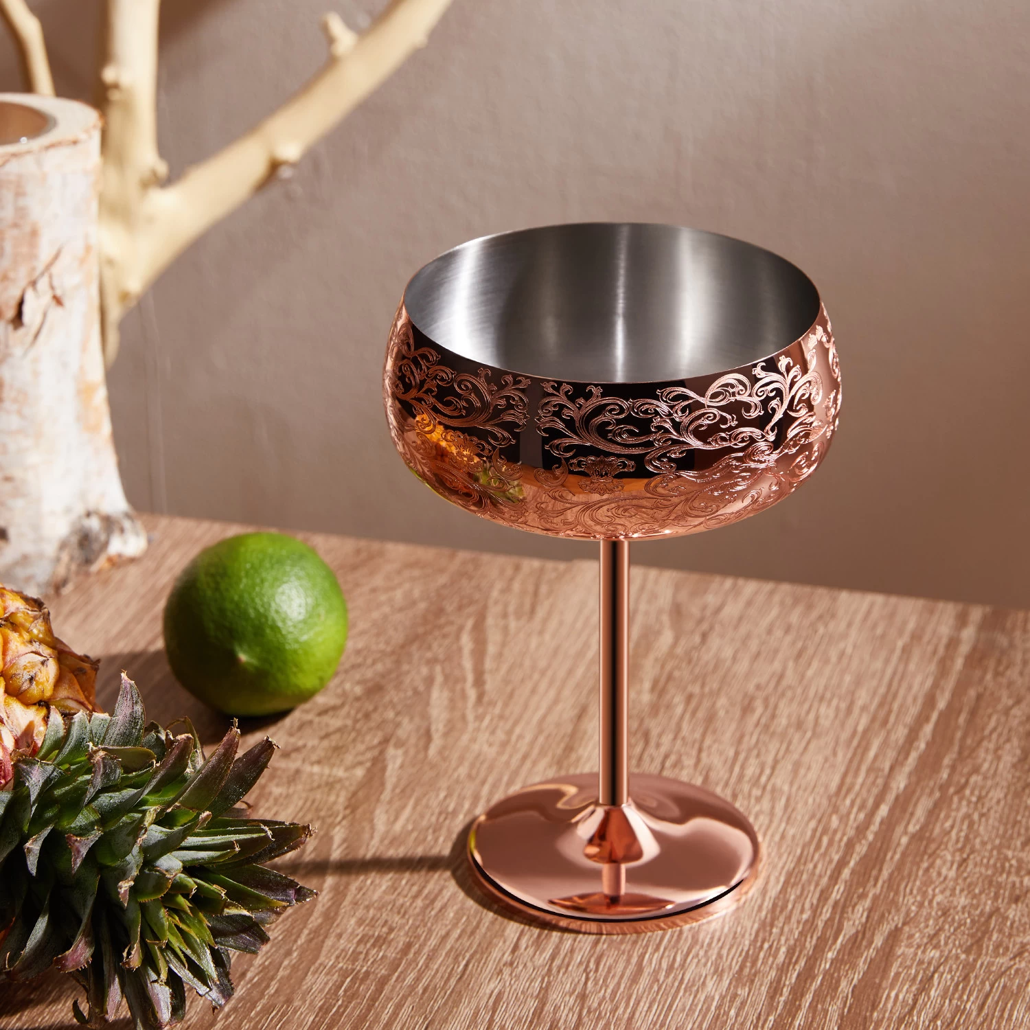 Etching Patern With Copper Plated Finishing Martini Cocktail Glass