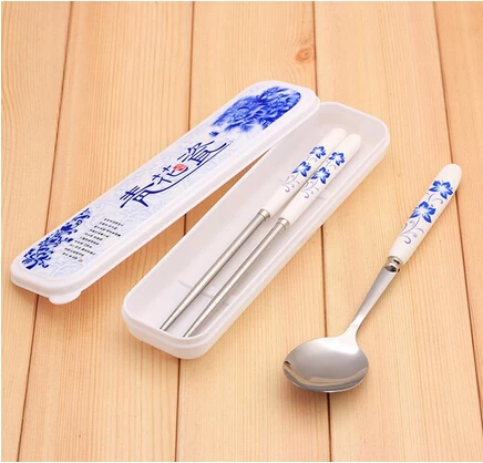 Hot Sale Chinese Style Blue and White Porcelain Handle Design Stainless Steel Chopsticks Spoon and Fork Set