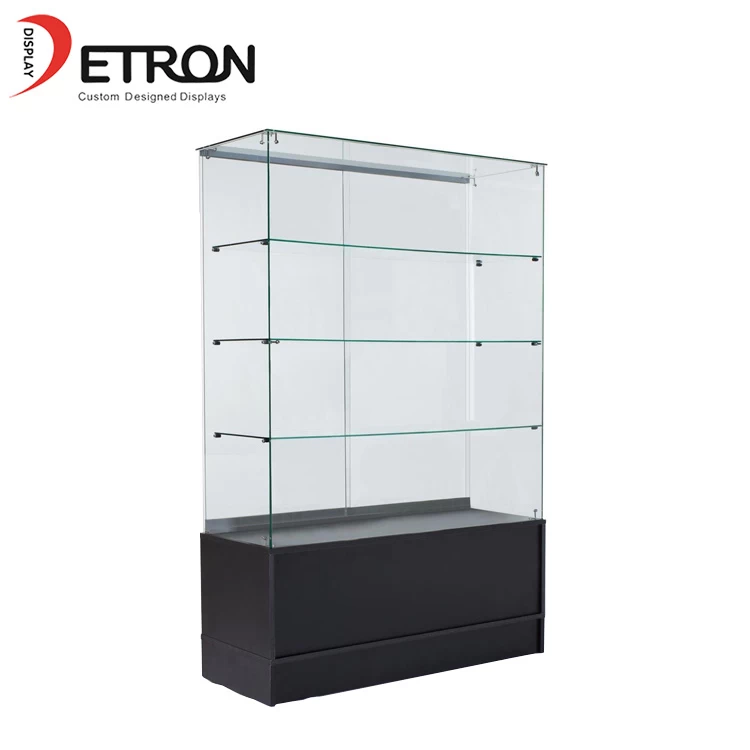 Customized 4 tiers wooden glass display case with toughened glass