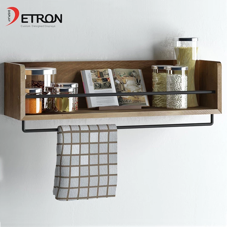 Customized wooden wall mount kitchen display shelves with hanging rod
