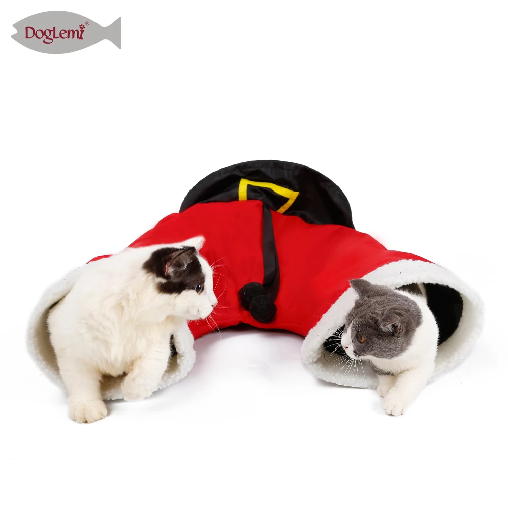圣诞节三通猫咪隧道 圣诞老人裤子响纸猫通道可折叠猫玩具