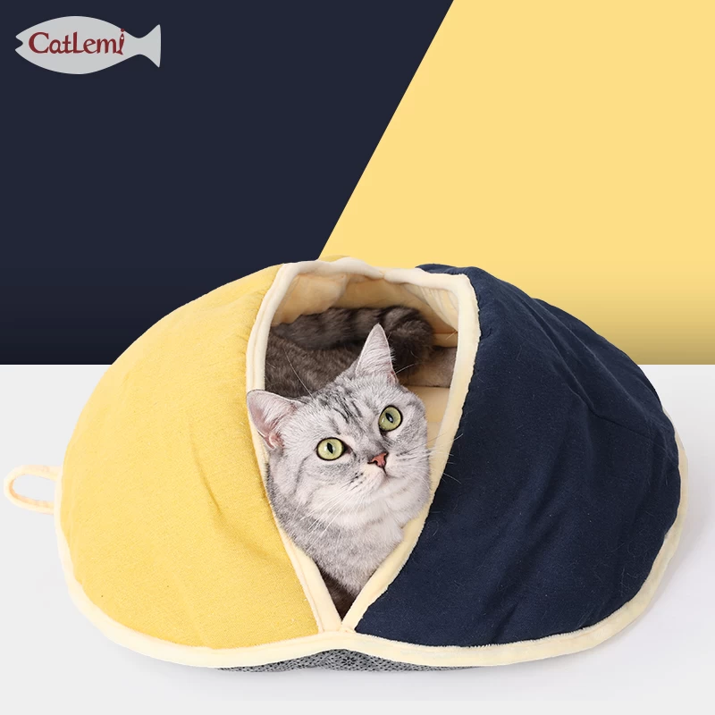 Designer Moon Fan Cozy Cat Cave Ombre Color Linen Nature Cat Sleeping Bed for Winter