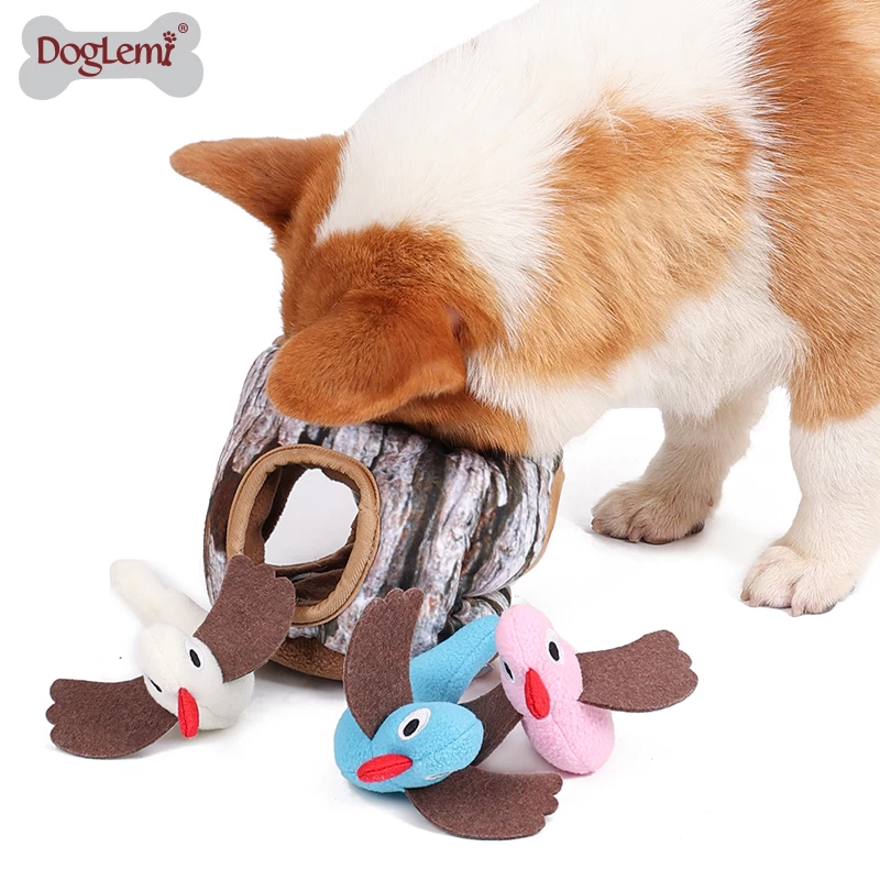 Dog IQ Toys Birds in Tree Stump Hide and Seek Activity Plush Puzzle Squeaker Pet Toy