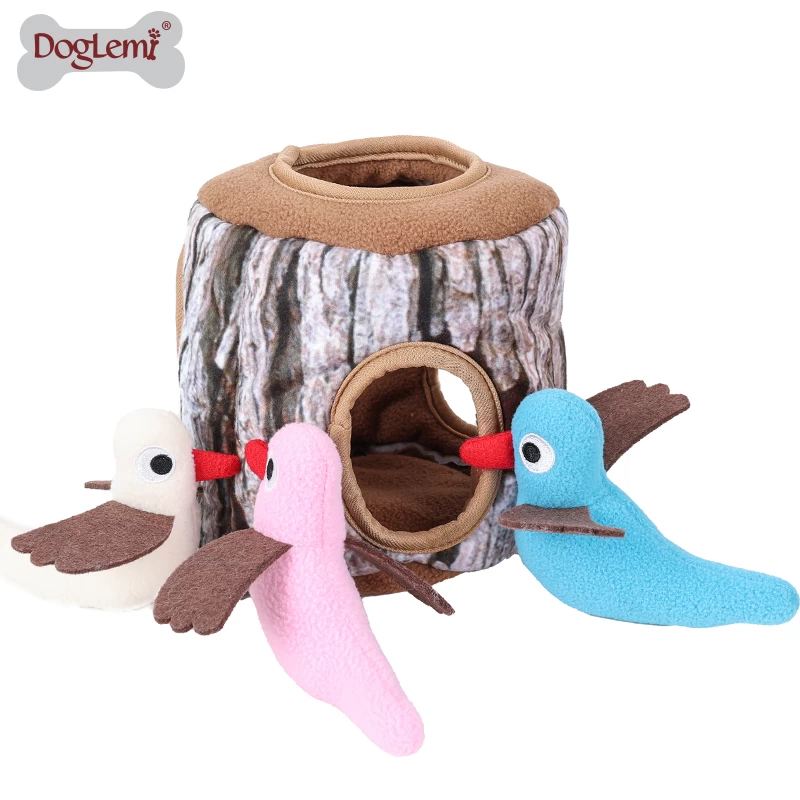 Dog IQ Toys Birds in Tree Stump Hide and Seek Activity Plush Puzzle Squeaker Pet Toy