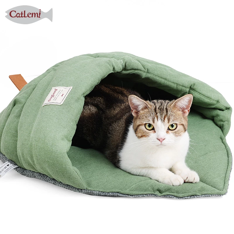 Nature Linen Cat Bed Pet House Leaf Design Cat Cave Sleeping Cozy Bedding