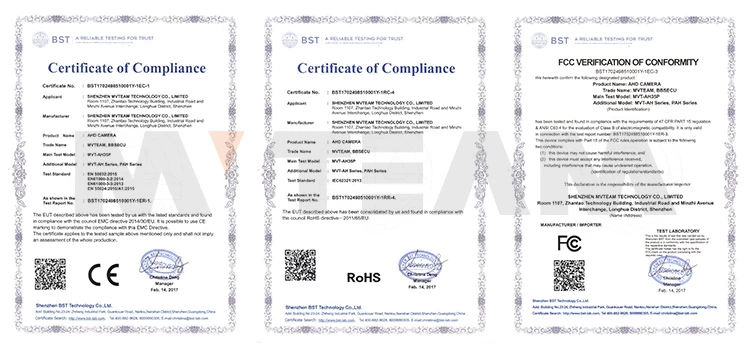 CE RoHS FCC Certificates for MVTEAM 4MP 3MP 2MP 1.3MP 1MP AHD Cameras