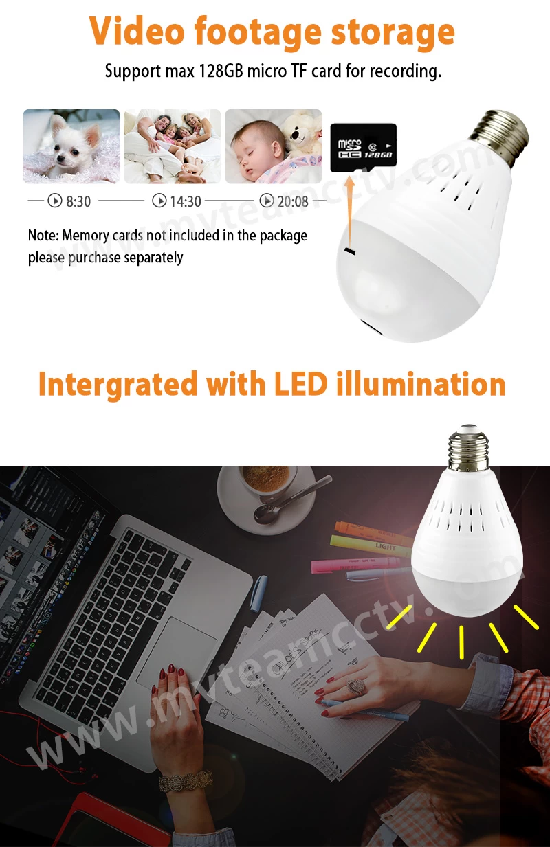 360 Degree Hidden CCTV Camera Indoor VR Wifi Light Bulb Camera H100-E