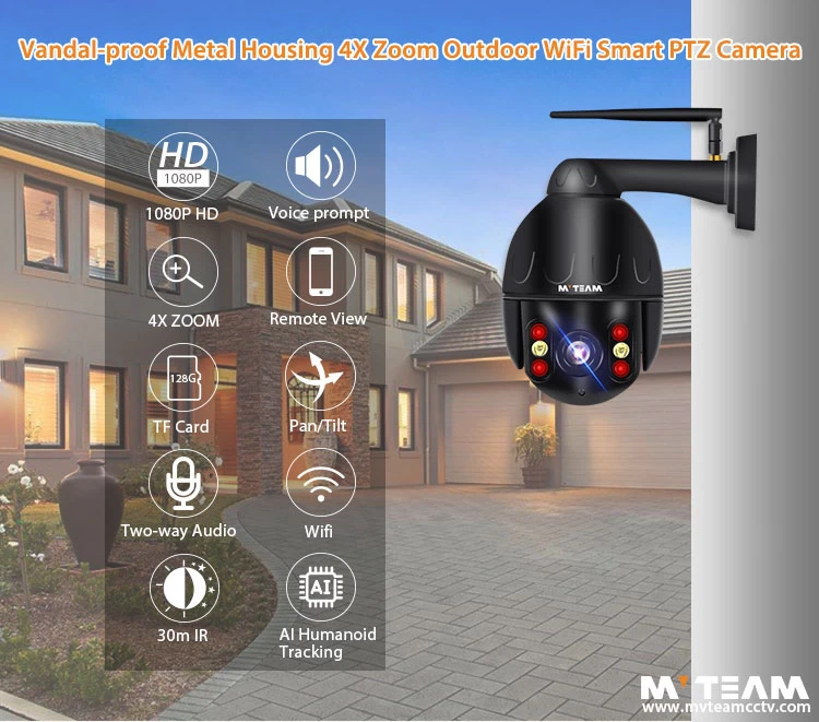 Vandal Proof Metal Housing 2.5 Inch Mini PTZ Camera 4X Zoom Waterproof IP66 1080P Smart Home WiFi Security Camera