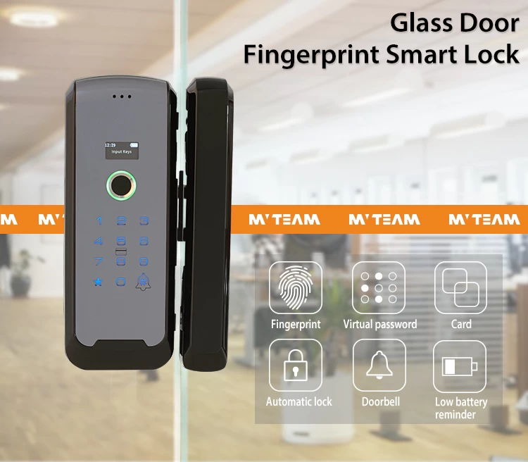 Fingerprint Smart Glass Door Lock Swipe Card Digital Biometric Frameless Glass Door Electric Bolt Lock For Office, Store, House