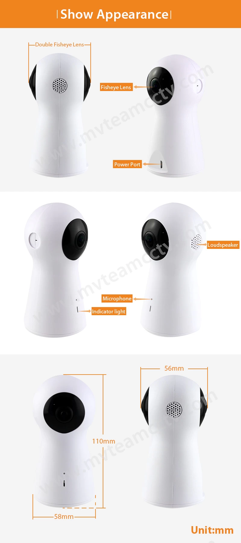 H.264 1080P 2MP WiFi 720 Degrees Panorama VR Camera with 2pcs Fisheye Lens