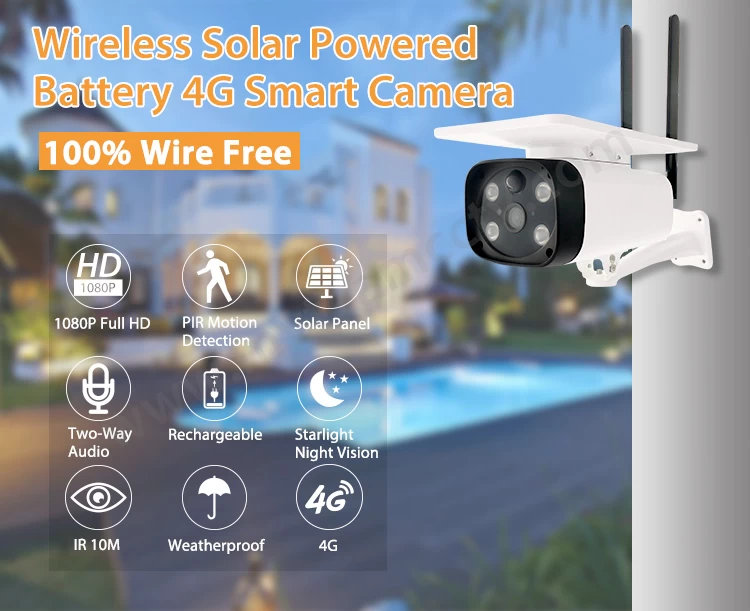 Wireless PIR Starlight 4G Solar Camera Waterproof IP67 Solar Powered Battery Security Camera Support LTE GSM SIM Card