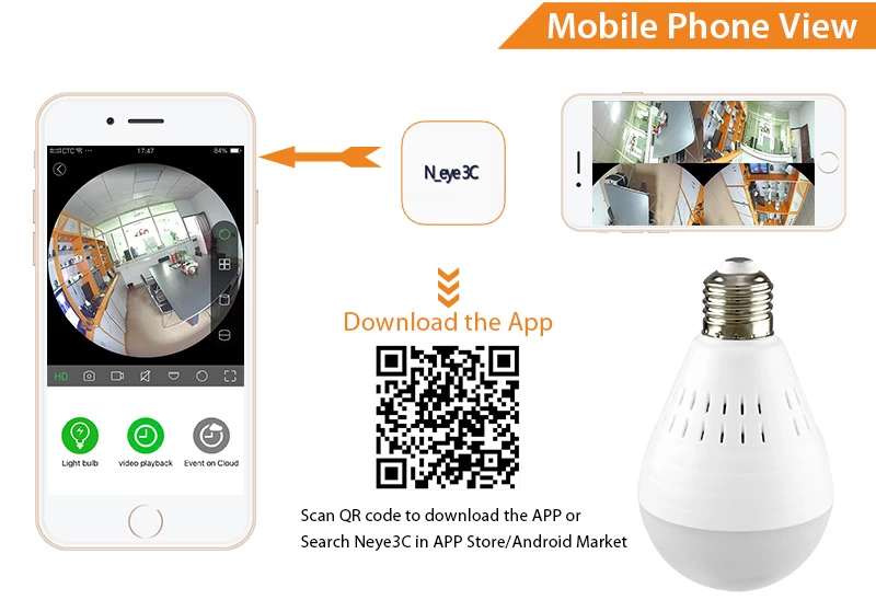 Smart panoramic bulb hot sale 360 camera app