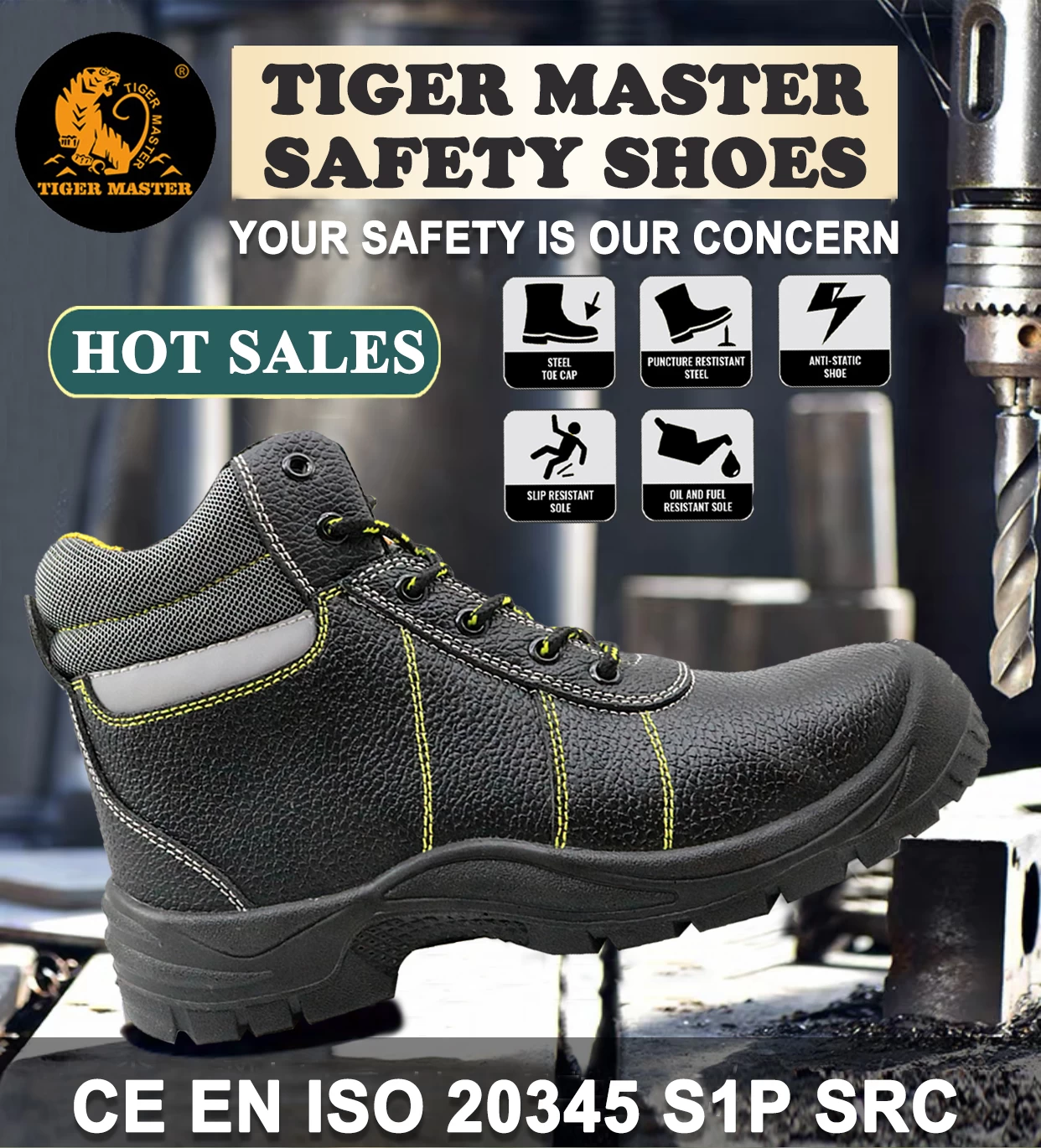 hot sales black leather steel toe puncture proof industrial safety ...