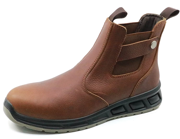 ETPU28 zapatos de seguridad de cuero marrón con punta de acero sin cordones