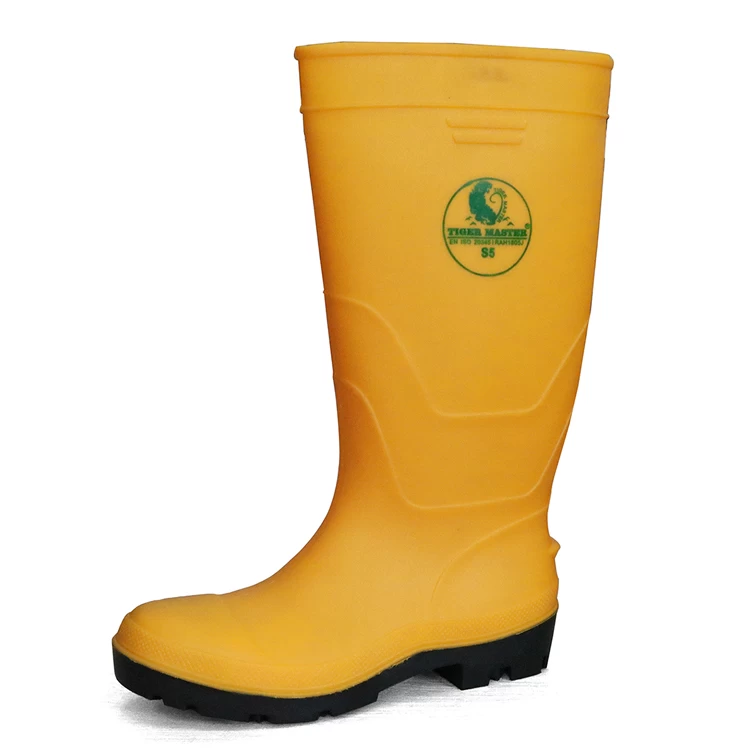 F35YB amarillo antideslizante aceite resistente al ácido plástico PVC seguridad botas de goma puntera de acero