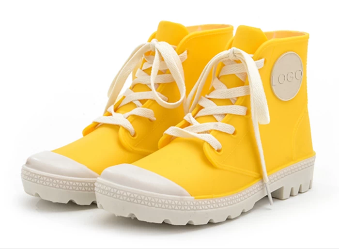 Lemon yellow fashionable ankle high lace up pvc rain boots