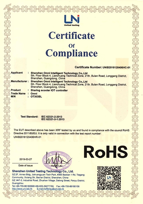 Certificado ROHS de Omni compartiendo IoT