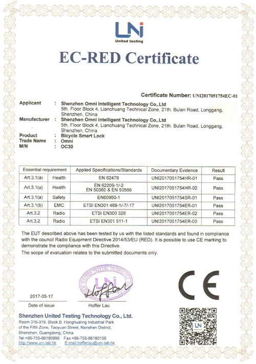 Certificato Smart Lock CE