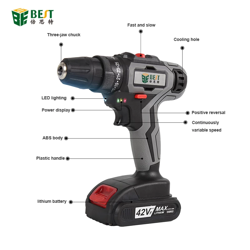 42VF Cordless Impact Drill Rechargeable Electric Screwdriver Cordless Drill Mini Power Driver DC Lithium-Ion Battery 2Speed Tool