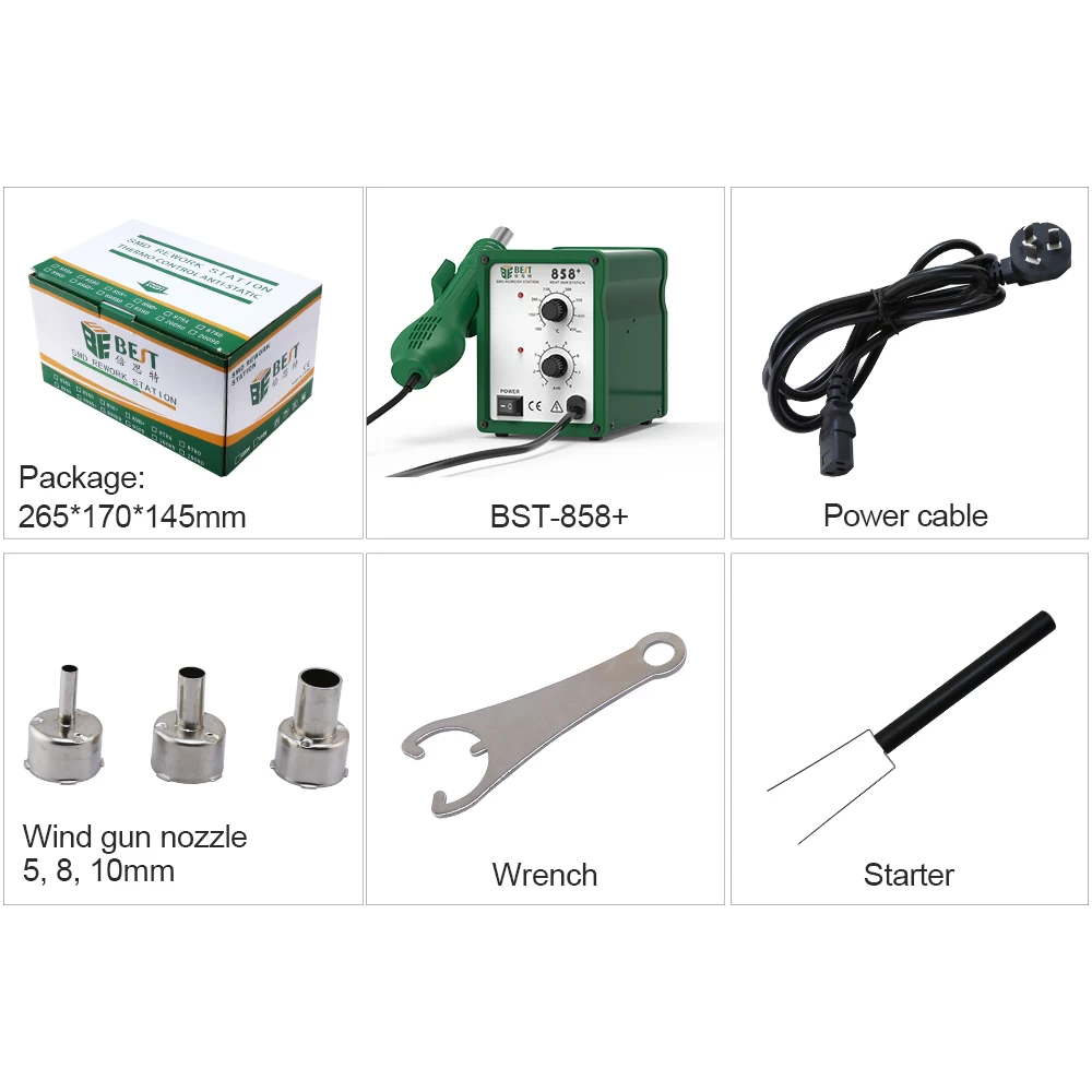 BEST 858+ Soldering Desoldering Station Hot Air Gun SMD Rework Station with 3pcs Nozzles