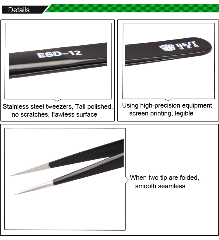 Precision straight anti-magnetic anti- static stainless steel ESD tweezers