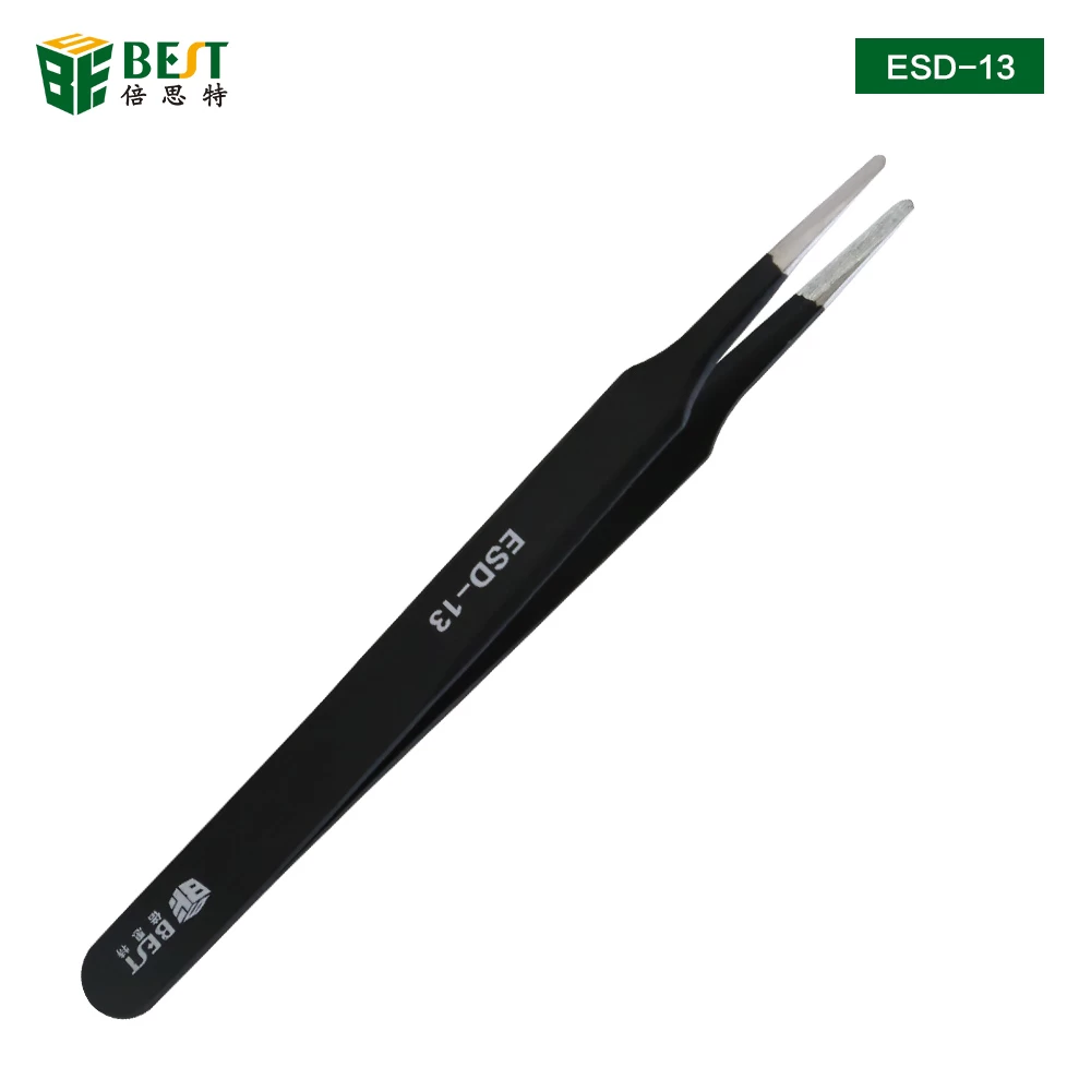 BEST-ESD13 Stainless steel flat round tip tweezers for electronics repairing