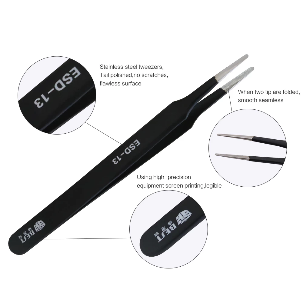 BEST-ESD13 Stainless steel flat round tip tweezers for electronics repairing