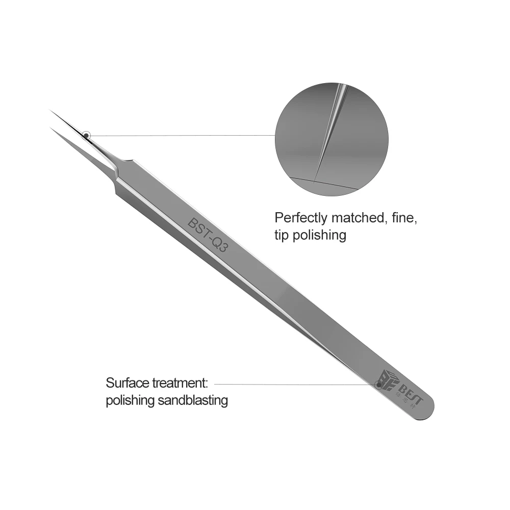 BEST Q3 Ultra Precision Tweezers Stainless Steel Curved Tweezers Pliers with Fine Tip