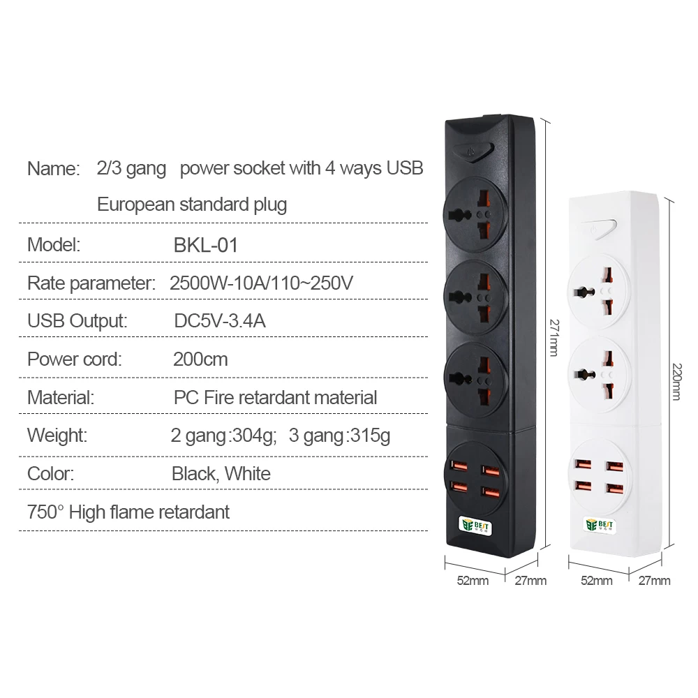 BKL-01 EU standard socket 2 3 gang power outlet with European standard 4-way USB socket
