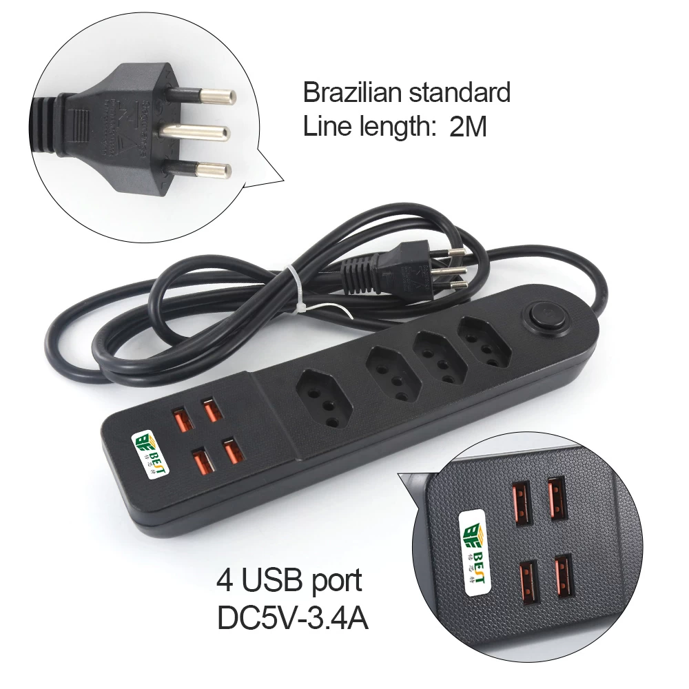 BKL-02巴西标准插头3/4组电源插座，带4路USB巴西标准扩展电源插座