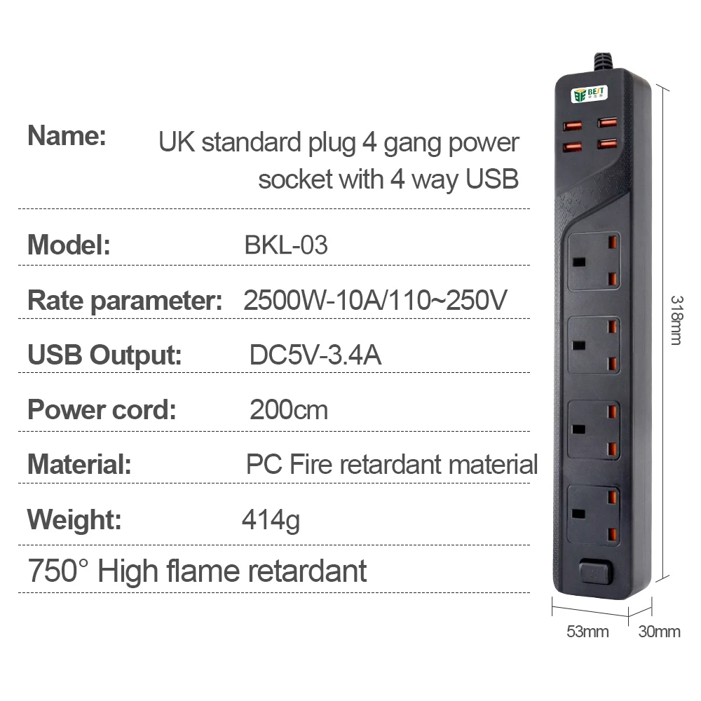 BKL-03 UK standard plug 4 gang power socket with 4 way USB british standard extension power socket