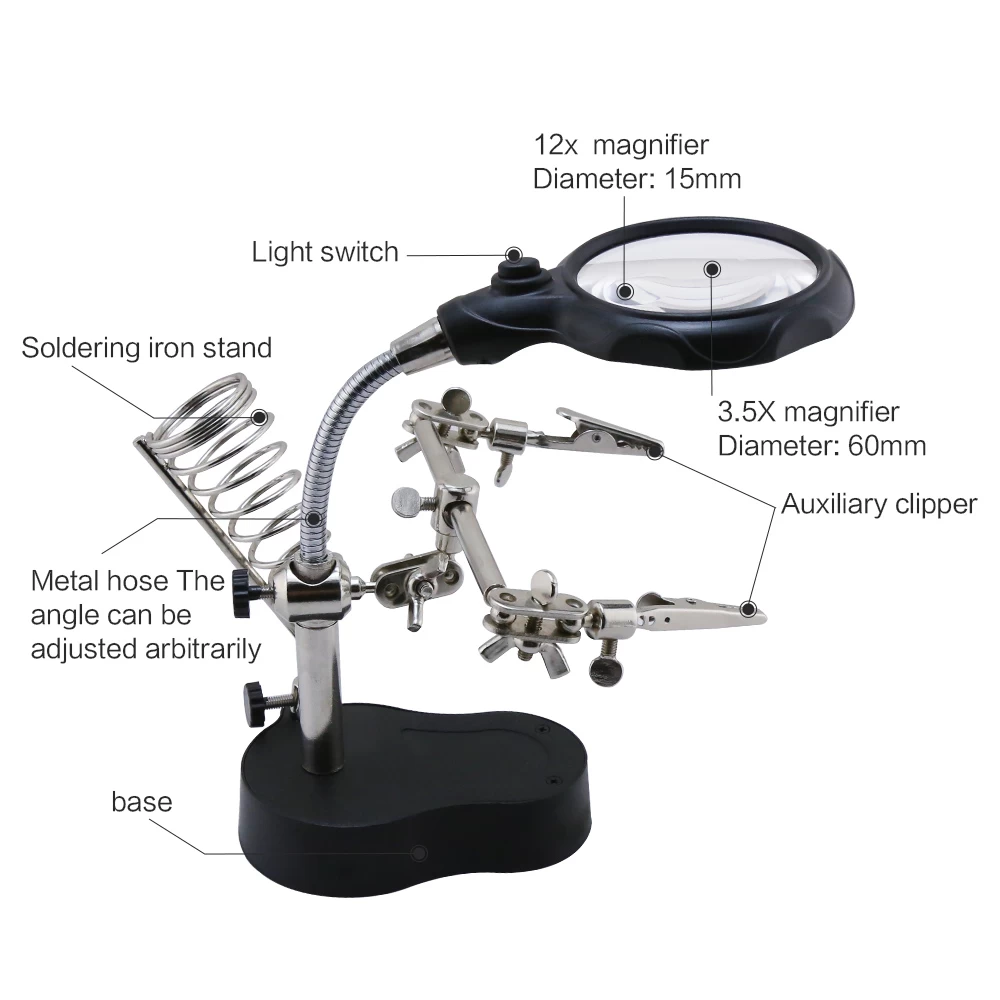 BST-801 Helping Hand Clip Clamp LED Magnifying Glass Soldering Iron Stand Magnifier Welding Rework Repair Holder Tools