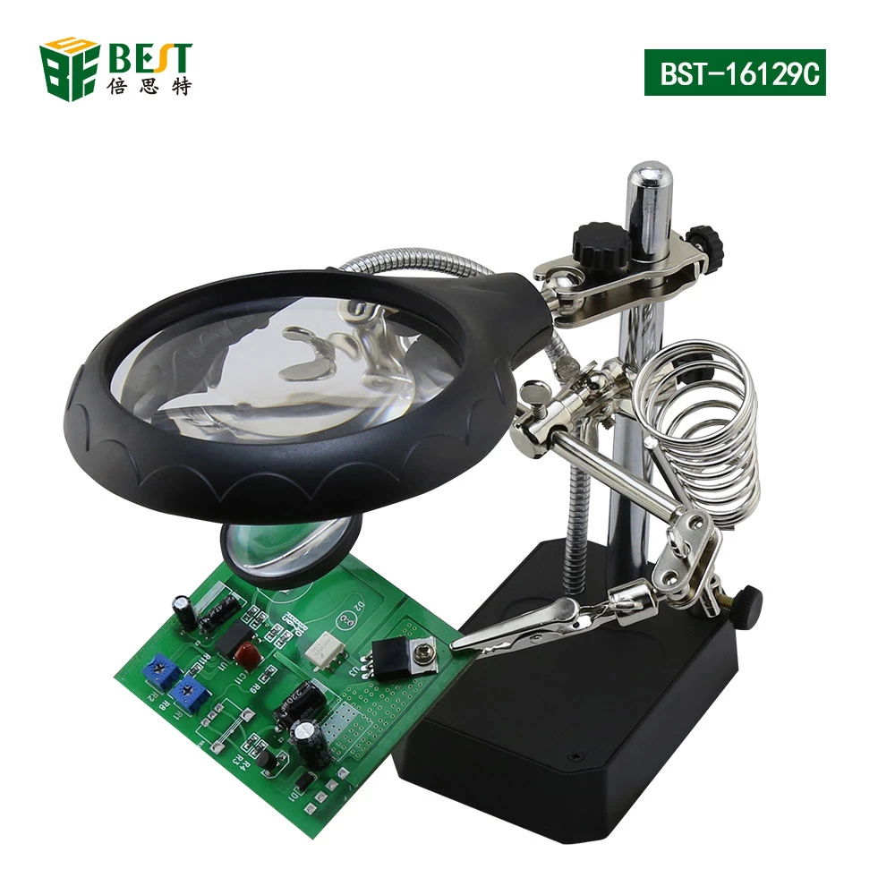 BST  -  16129C 5 LED辅助夹放大镜3 In 1焊接放大镜，帮助手焊锡烙铁架