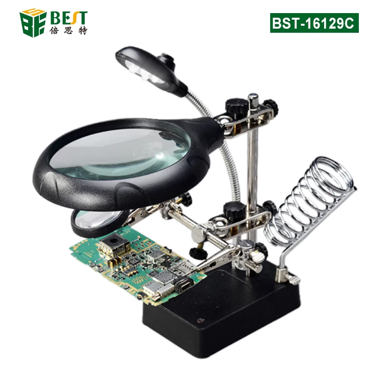 BST-16129C NEW Function 5X LED Stand Clips 3 in 1 Welding Magnifying Glass For Repairing PCB Mobile Phone Screen Magnifier