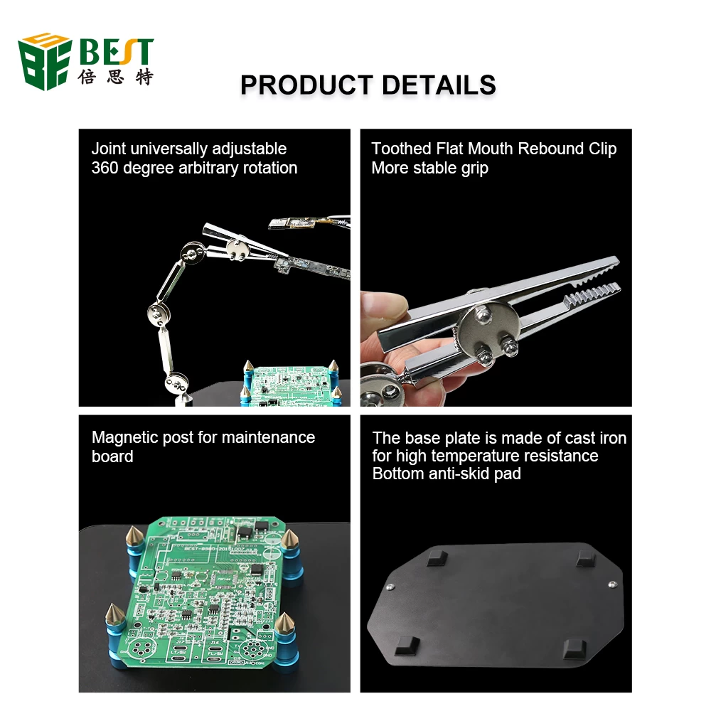 BST-168K Clamp Soldering Helping Hands Tool PCB Board Holder Jig Fixture Stand 2 Metal Flexible Arm Alligator Clip
