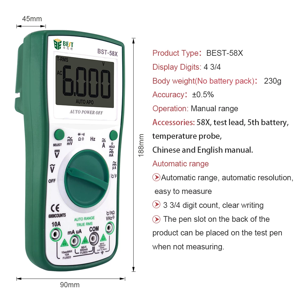BST-58X Automatic Digital Multimeter Intelligent 6000 Counts AC/DC Voltage Current Test Tool