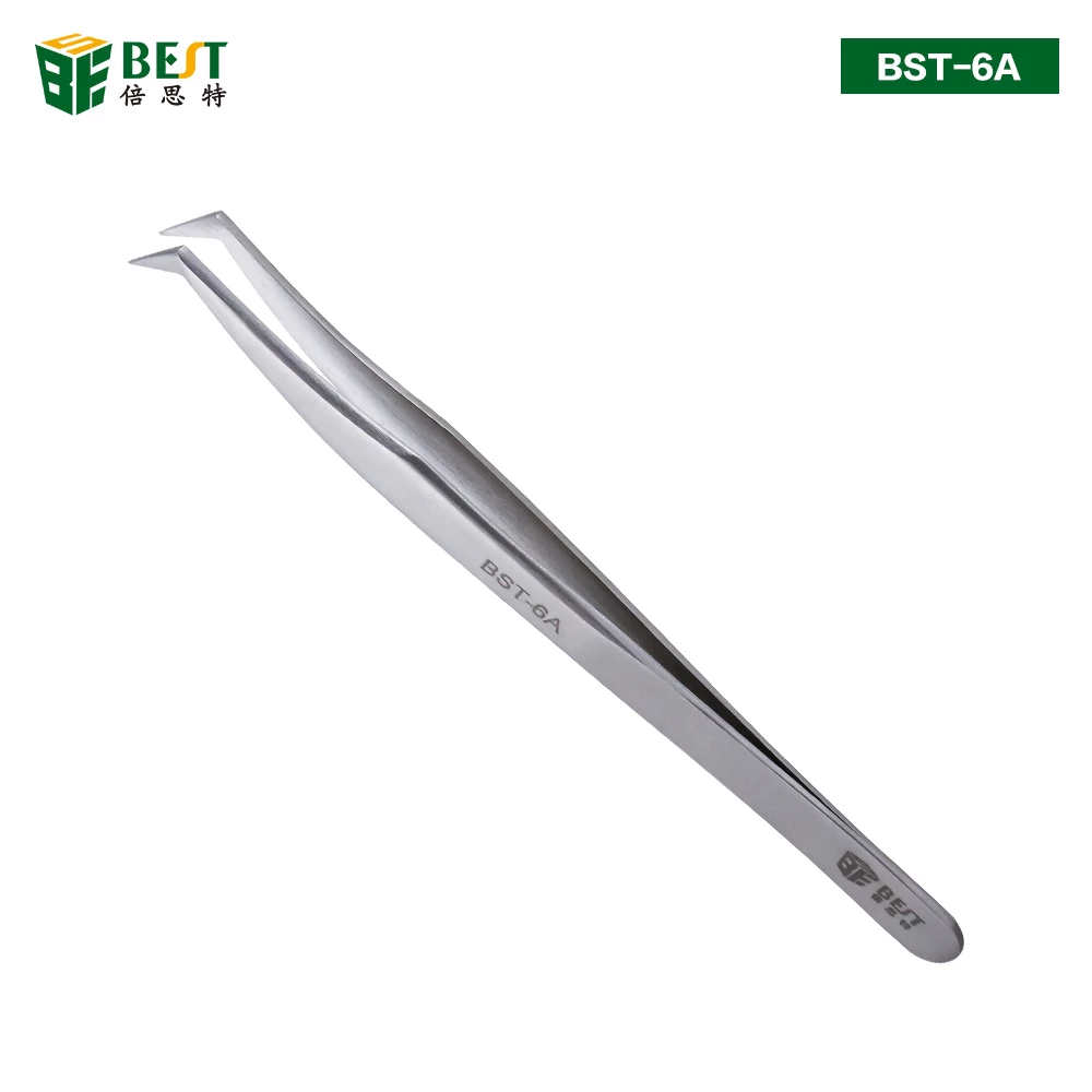BST-6A  Stainless Steel Fine Point Curved Angled Tweezers