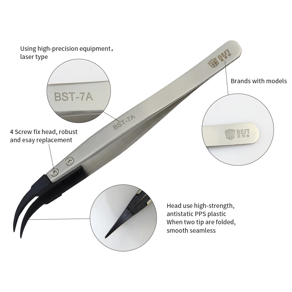BST-7A Anti-static fine curved tweezers with replaceable tip