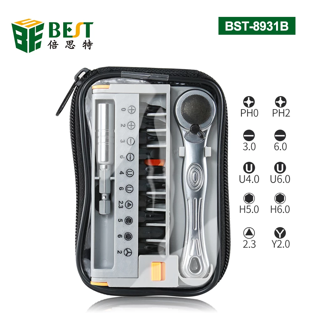 BST-8931B 12合1迷你便携式棘轮螺丝刀套装，用于家用电器维修工具棘轮钥匙工具六角螺丝刀