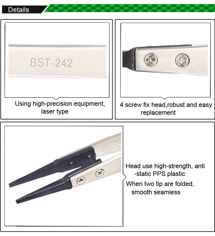 ESD Safe Flat Rubber Tips Straight Tweezers BST-242