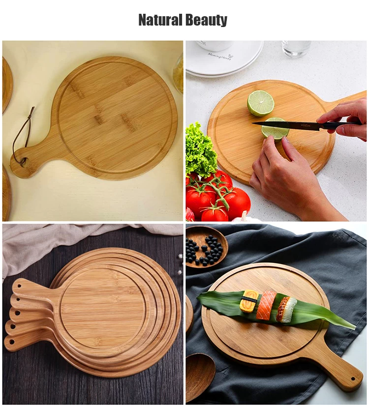 Planche pizza, bambou, x4, assiette ronde 33 cm, papier de cuisson, avec  rainures pour le découpage, nature