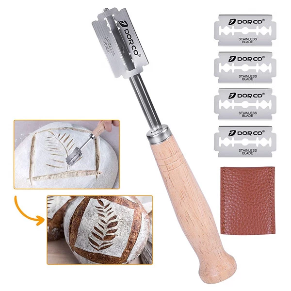 Stainless steel bread lame with wooden handle